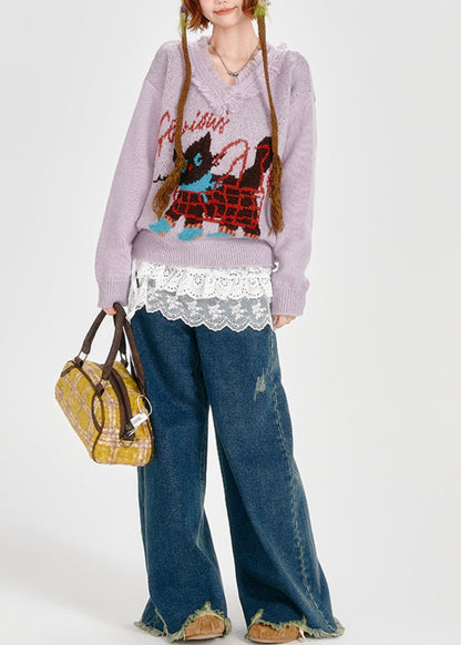 Suéteres de punto jacquard con gato y borlas de lavanda para invierno