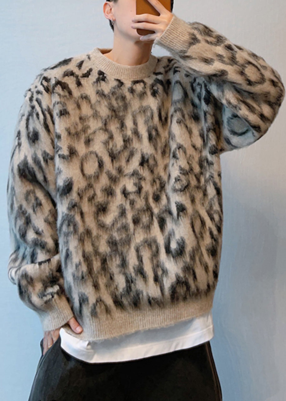 Stylish Leopard O-Neck Oversized Knit Sweaters Men Winter