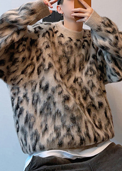 Stylish Leopard O-Neck Oversized Knit Sweaters Men Winter
