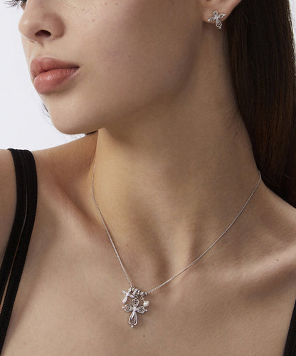 Stylish Lighg Gold Copper Overgild Pearl Zircon Cross Pendant Necklace