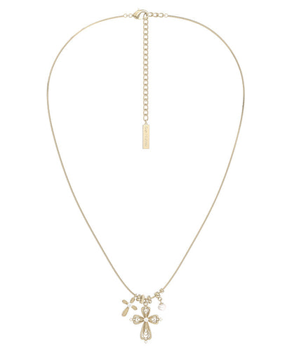 Stylish Lighg Gold Copper Overgild Pearl Zircon Cross Pendant Necklace