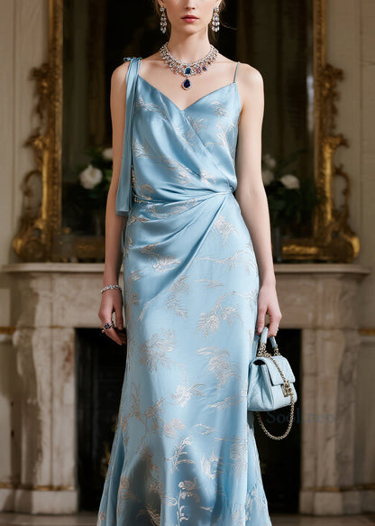 Stylish Light Blue Jacquard Silk Spaghetti Strap Dress Summer