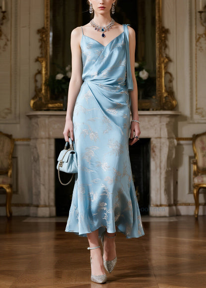 Stylish Light Blue Jacquard Silk Spaghetti Strap Dress Summer