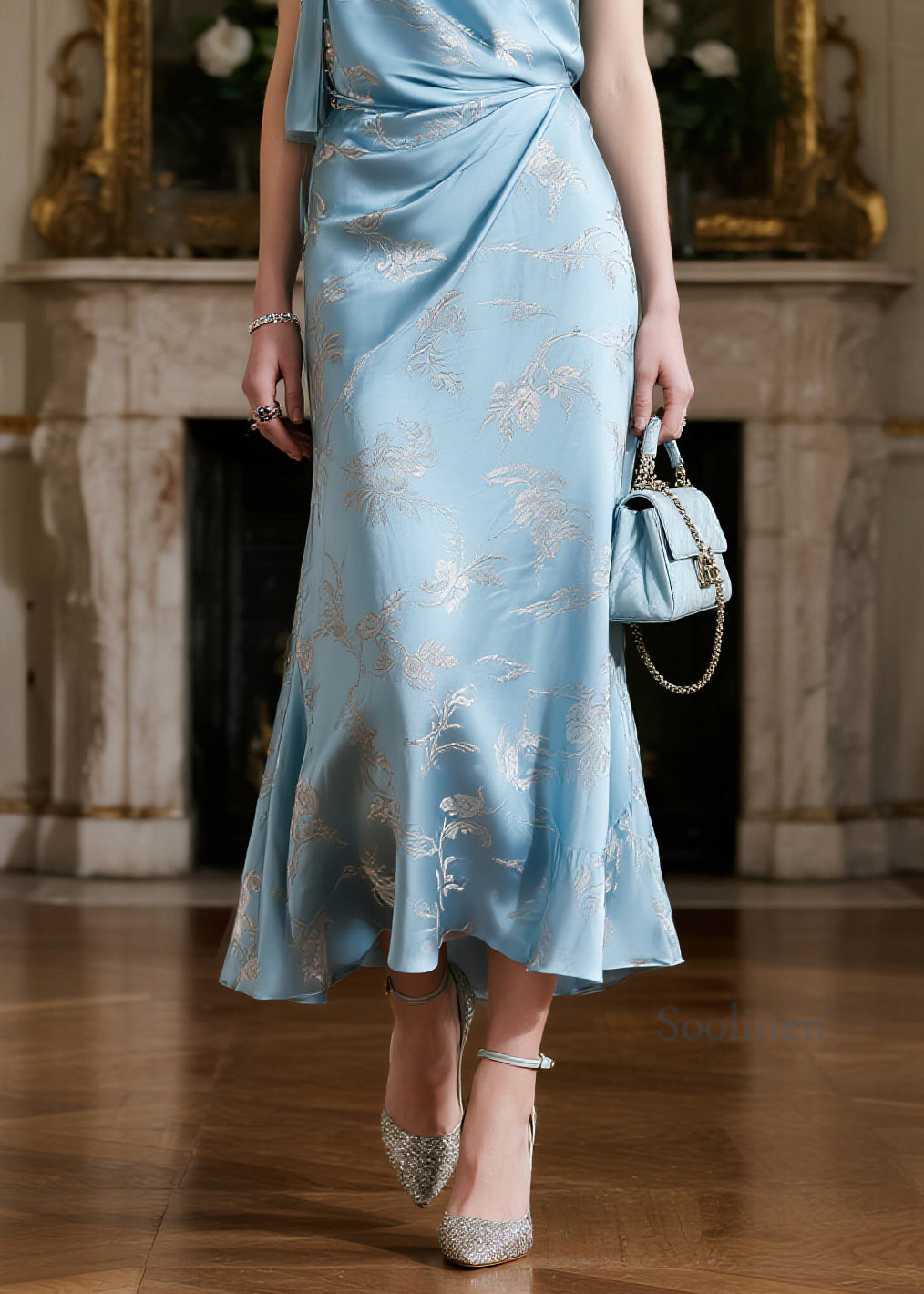 Stylish Light Blue Jacquard Silk Spaghetti Strap Dress Summer