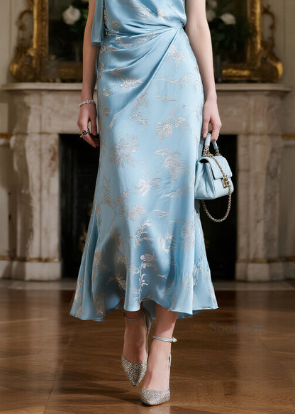 Stylish Light Blue Jacquard Silk Spaghetti Strap Dress Summer
