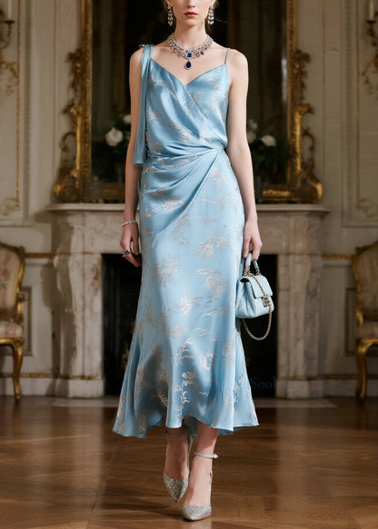 Stylish Light Blue Jacquard Silk Spaghetti Strap Dress Summer