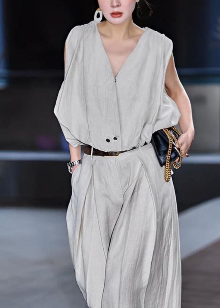 Stylish Light Grey V Neck Linen Two Pieces Set Sleeveless