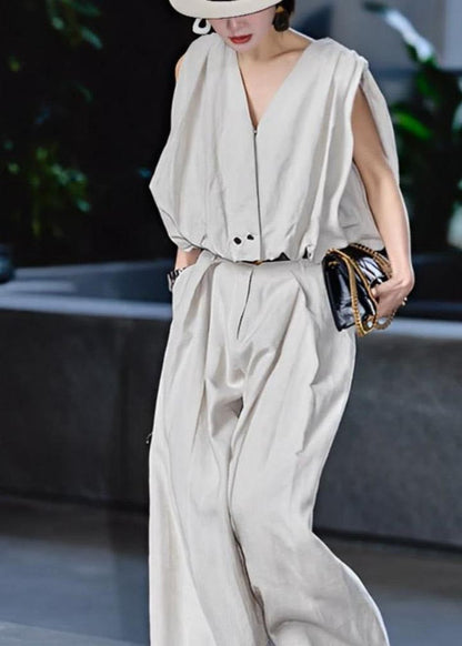 Stylish Light Grey V Neck Linen Two Pieces Set Sleeveless