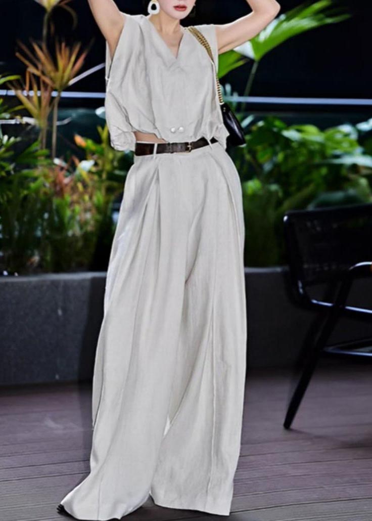 Stylish Light Grey V Neck Linen Two Pieces Set Sleeveless