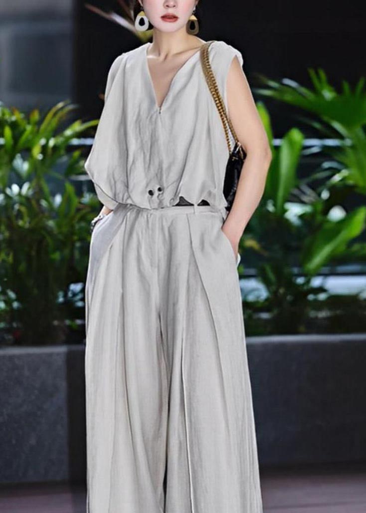 Stylish Light Grey V Neck Linen Two Pieces Set Sleeveless