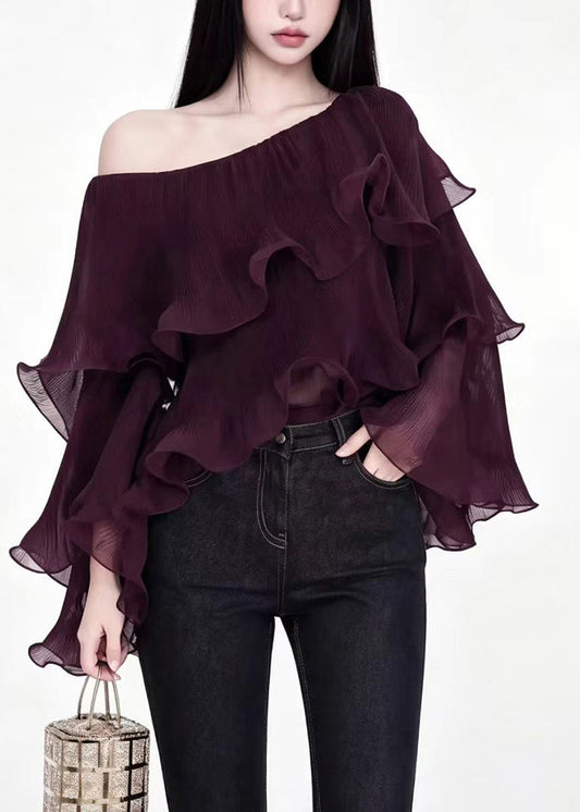 Stylish Mulberry One Shoulder Ruffled Layered Tops Fall