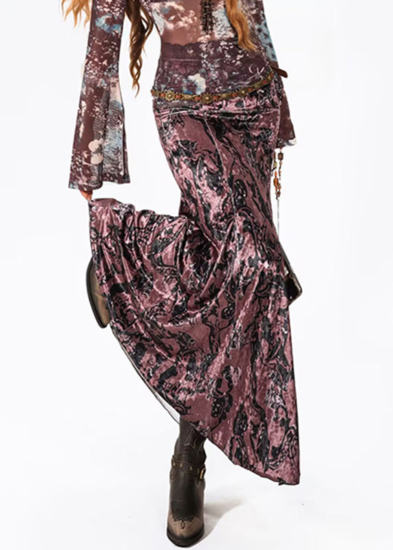 Stylish Mulberry Print Silk Velvet Fishtail Skirts Summer