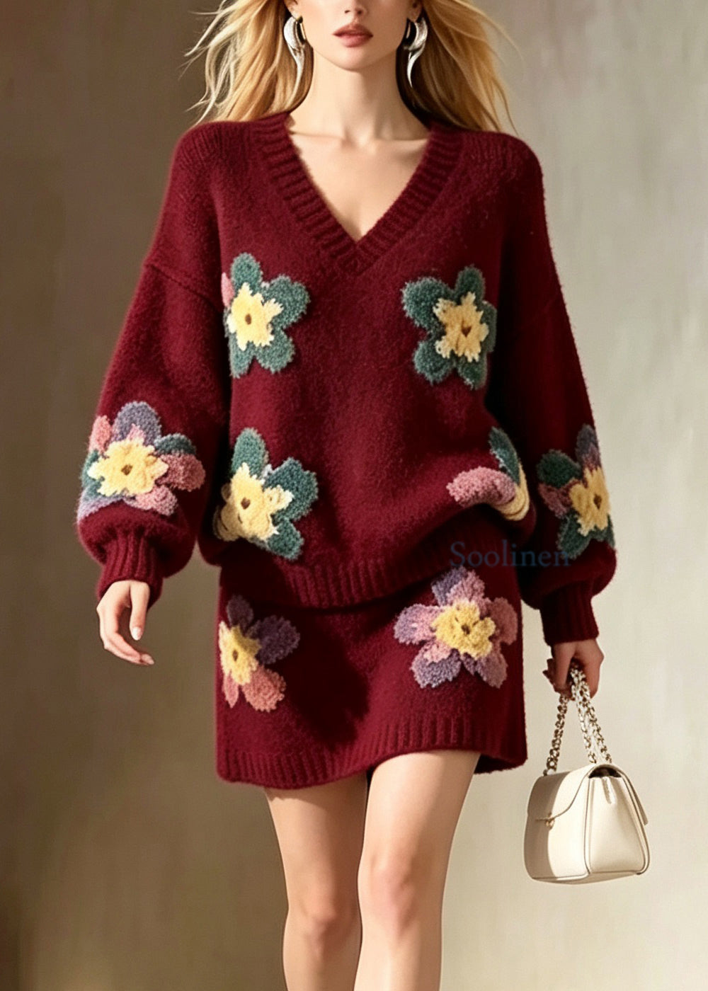 Stylish Mulberry V Neck Floral Knit Sweater And Skirts Two Pieces Set Fall