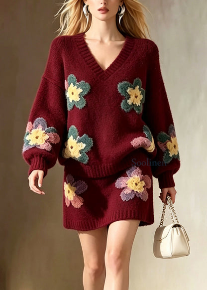Stylish Mulberry V Neck Floral Knit Sweater And Skirts Two Pieces Set Fall