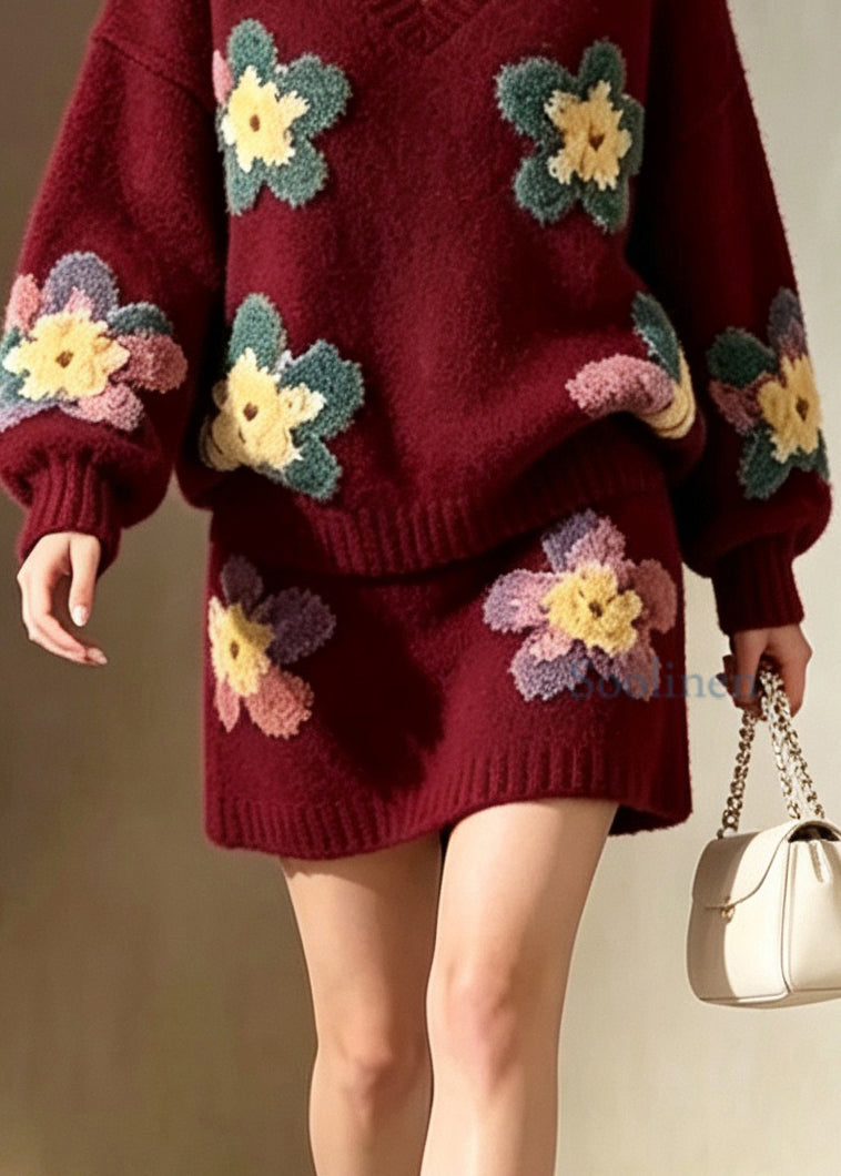Stylish Mulberry V Neck Floral Knit Sweater And Skirts Two Pieces Set Fall