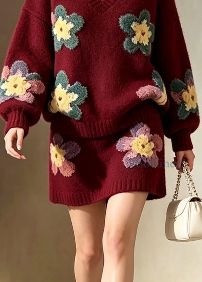 Stylish Mulberry V Neck Floral Knit Sweater And Skirts Two Pieces Set Fall