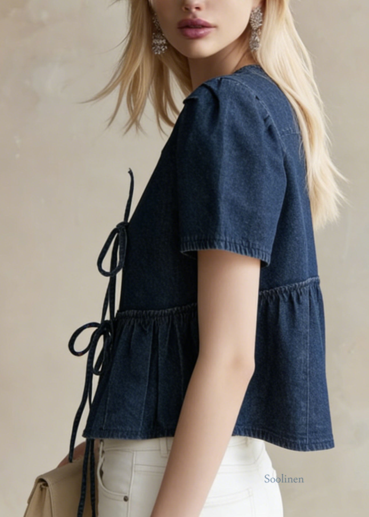 Stylish Navy O Neck Lace Up Denim Shirt Tops Summer