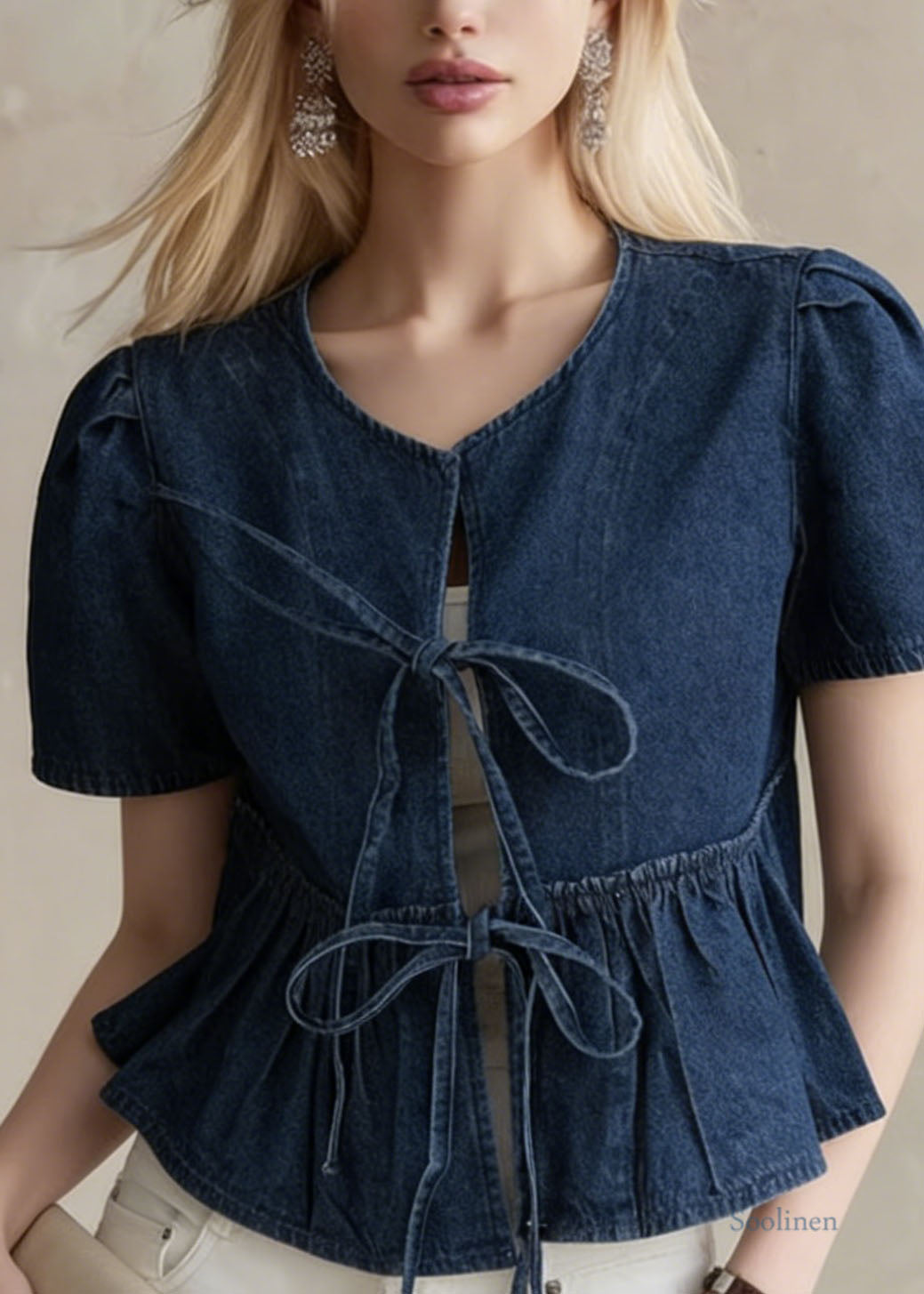 Stylish Navy O Neck Lace Up Denim Shirt Tops Summer