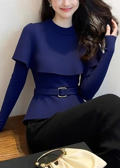 Suéter tipo capa de punto con cuello redondo y lazo en la cintura azul marino para invierno