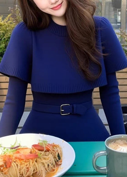 Suéter tipo capa de punto con cuello redondo y lazo en la cintura azul marino para invierno