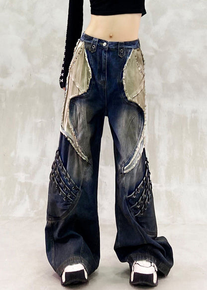 Pantalones vaqueros de patchwork extragrandes y elegantes de color azul marino para primavera
