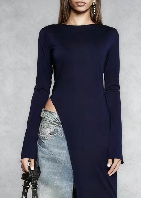 Stylish Navy Side Open Silm Fit Cotton Long Dress Spring