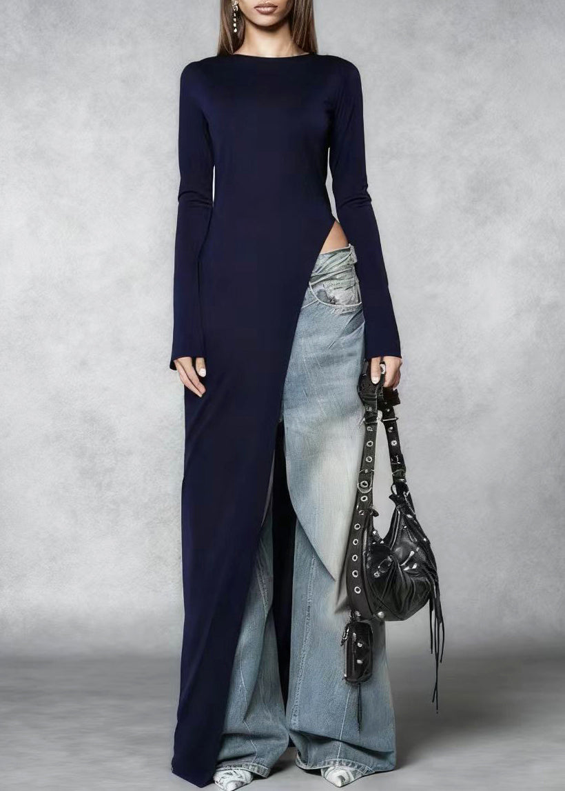 Stylish Navy Side Open Silm Fit Cotton Long Dress Spring