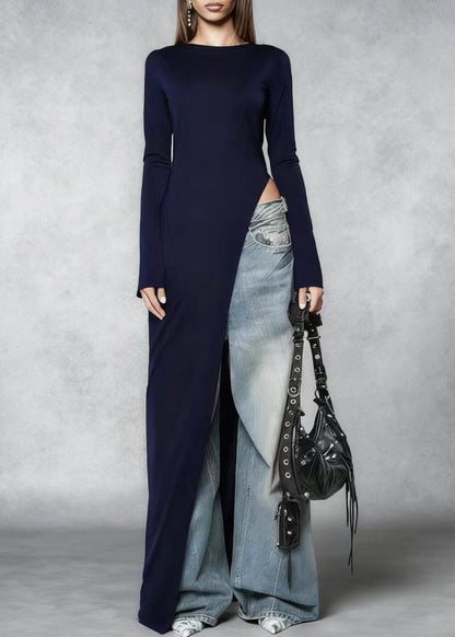 Stylish Navy Side Open Silm Fit Cotton Long Dress Spring