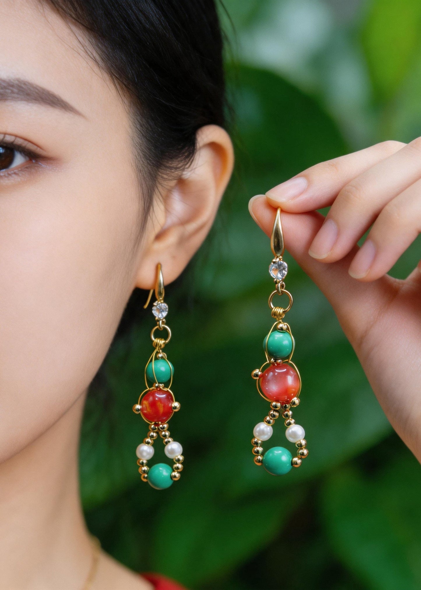 Stylish Orange Crystal And Fine Turquoise Drop Earrings