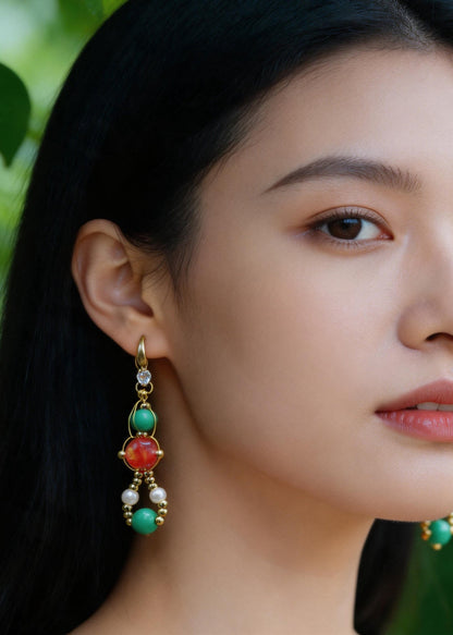 Stylish Orange Crystal And Fine Turquoise Drop Earrings
