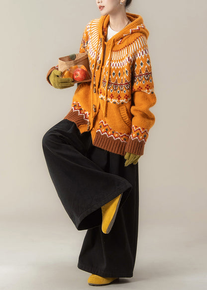 Elegante conjunto de dos piezas de abrigo de punto con capucha y pantalones anchos de jacquard naranja para primavera.
