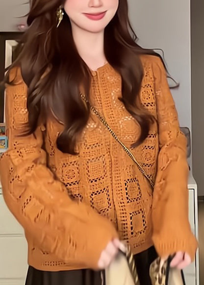 Stilvolle orangefarbene Rundhals-Strickjacke aus einfarbiger Baumwolle mit langen Ärmeln