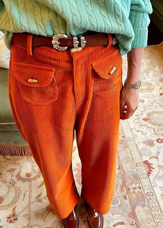 Stylish Orange Pockets High Waist Corduroy Pants Spring