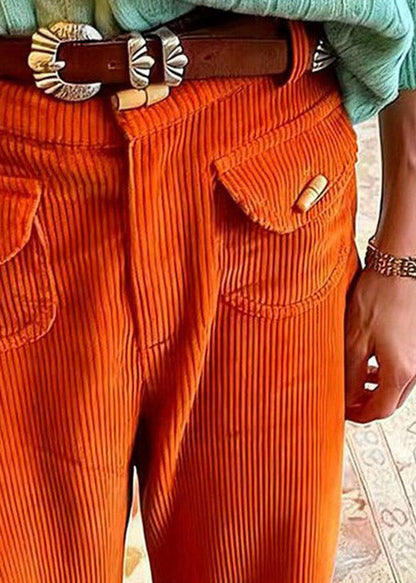 Stylish Orange Pockets High Waist Corduroy Pants Spring