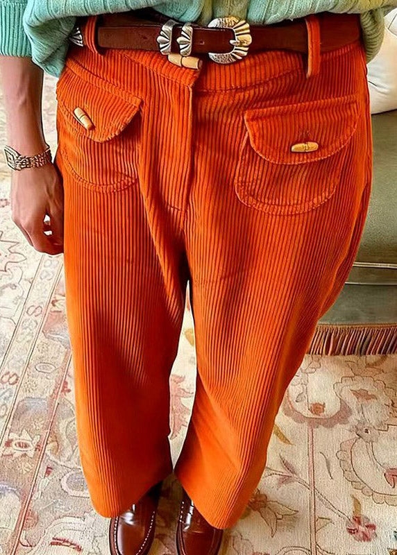 Stylish Orange Pockets High Waist Corduroy Pants Spring