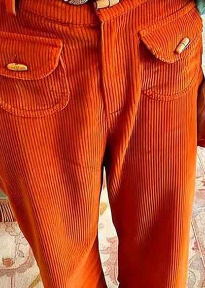 Stylish Orange Pockets High Waist Corduroy Pants Spring