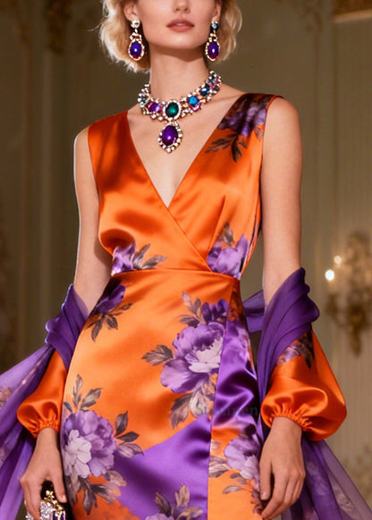 Stylish Orange Ruffled Patchwork Print Silk Wraped Dresses Summer
