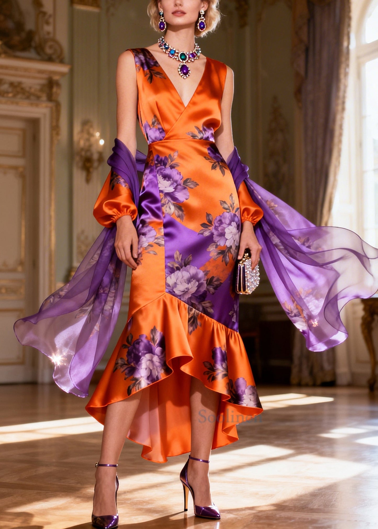 Stylish Orange Ruffled Patchwork Print Silk Wraped Dresses Summer