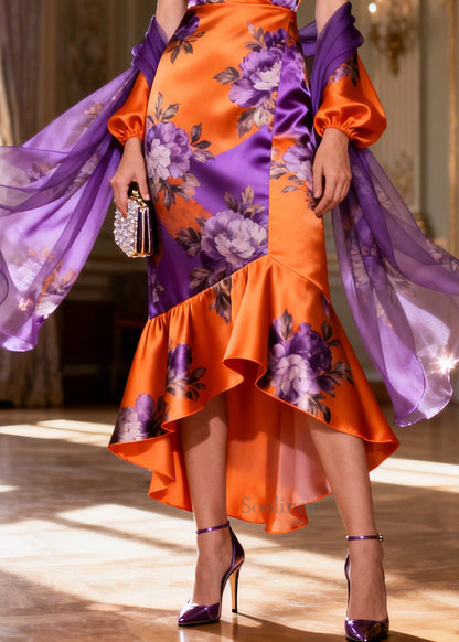 Stylish Orange Ruffled Patchwork Print Silk Wraped Dresses Summer
