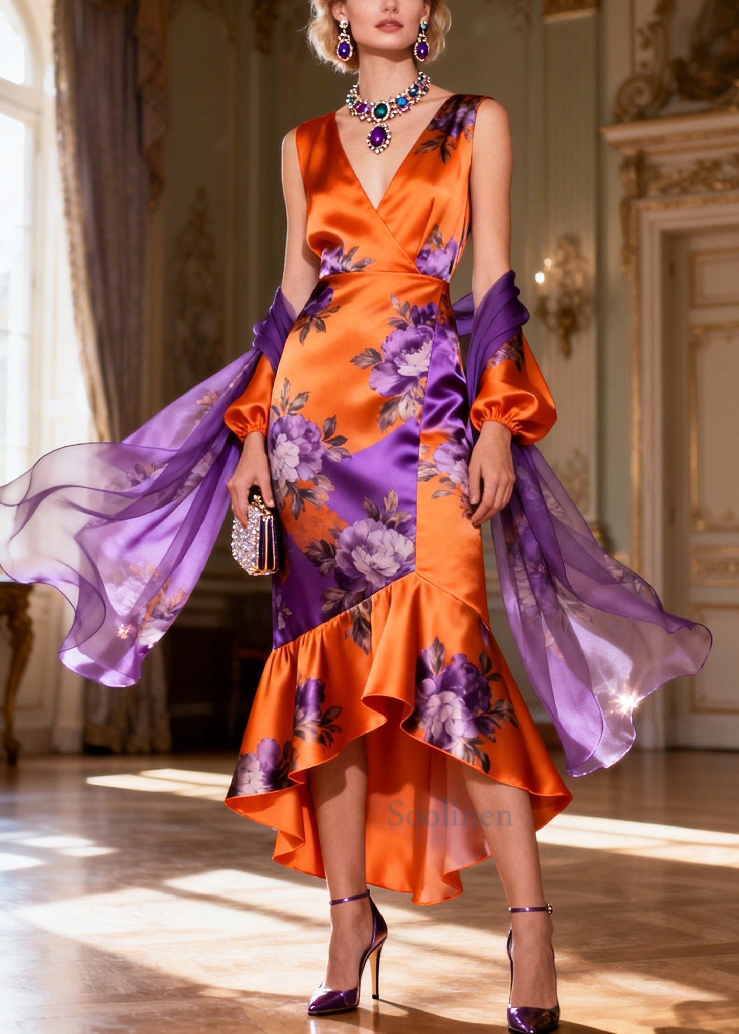 Stylish Orange Ruffled Patchwork Print Silk Wraped Dresses Summer
