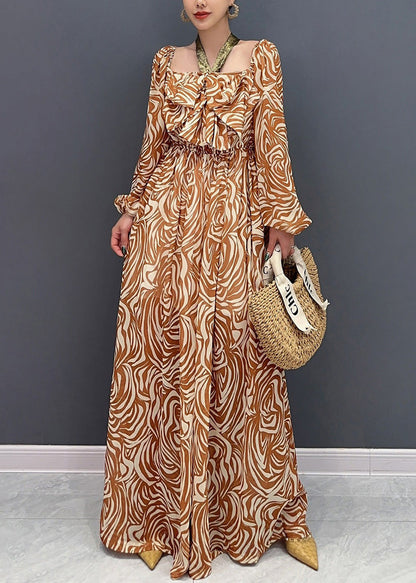 Stylish Orange Square Collar Print Chiffon Jumpsuit Fall