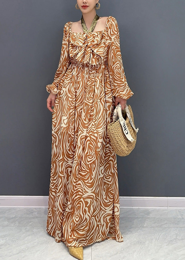 Stylish Orange Square Collar Print Chiffon Jumpsuit Fall