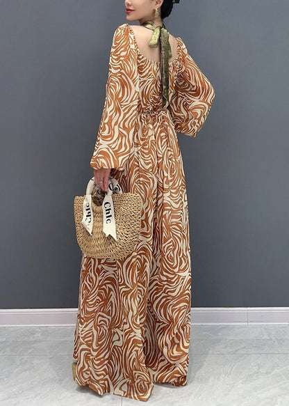 Stylish Orange Square Collar Print Chiffon Jumpsuit Fall