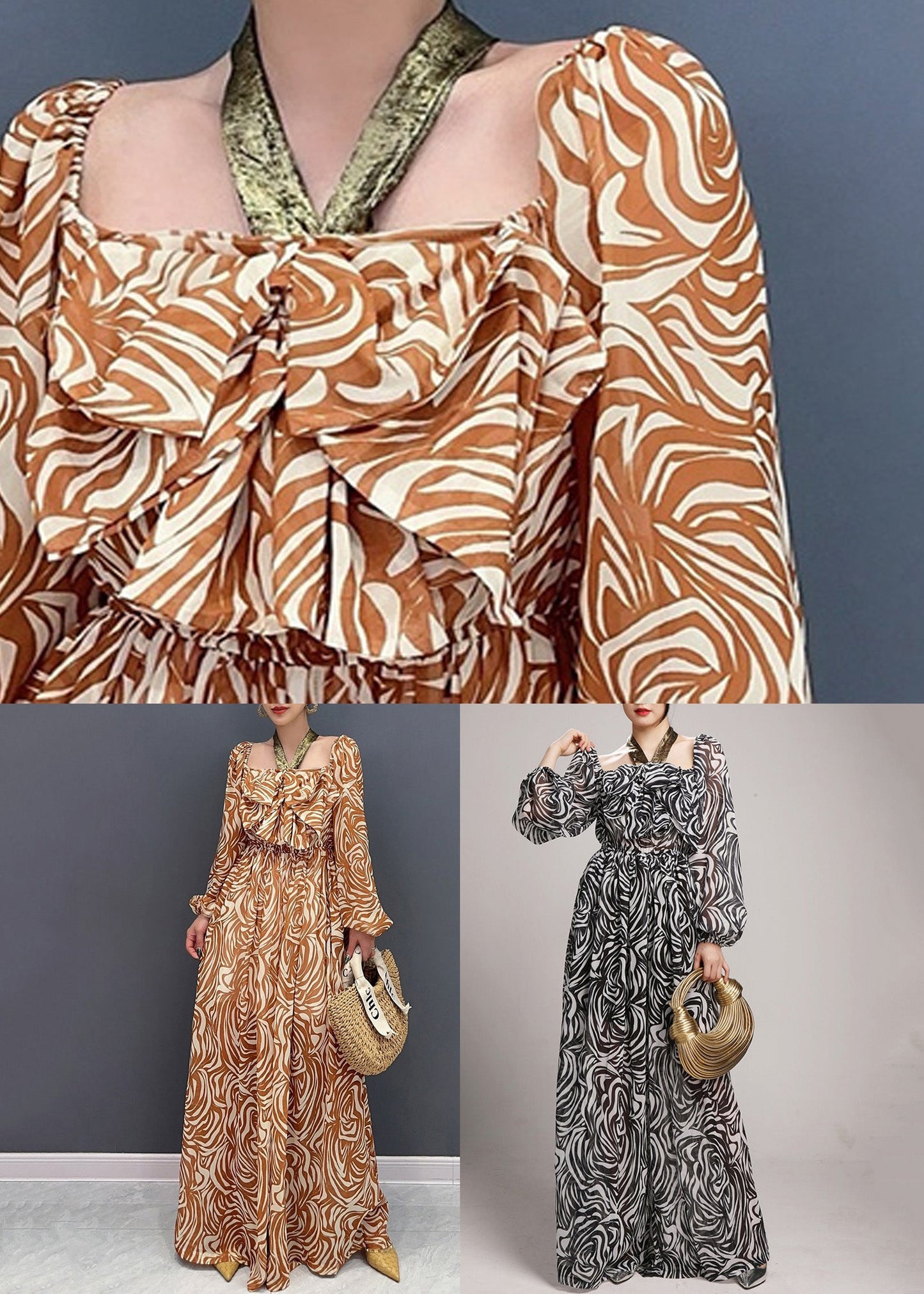 Stylish Orange Square Collar Print Chiffon Jumpsuit Fall