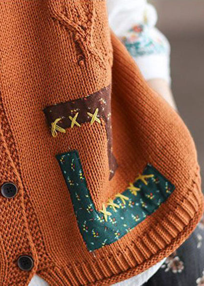 Stilvolle Orange V-Ausschnitt Taschen Patchwork Strickweste Frühling