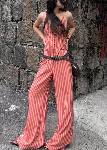 Stylish Orange V Neck Striped Cotton Spaghetti Strap Jumpsuit Summer