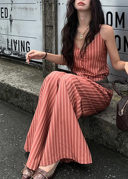 Stylish Orange V Neck Striped Cotton Spaghetti Strap Jumpsuit Summer