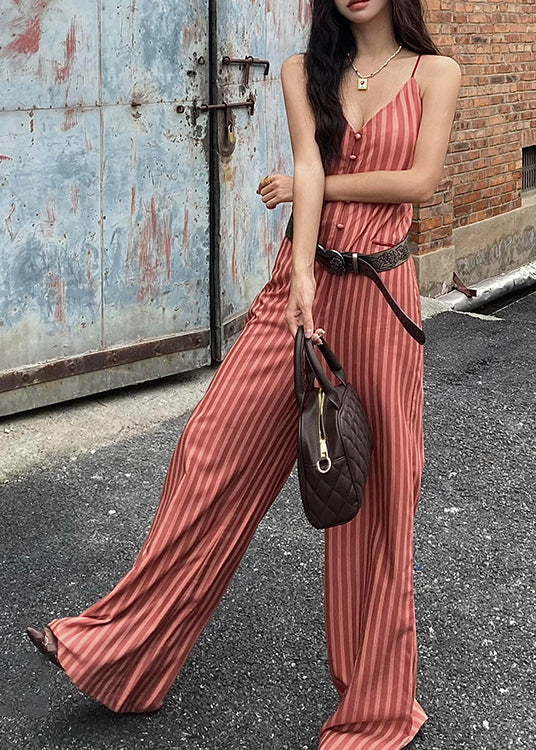 Stylish Orange V Neck Striped Cotton Spaghetti Strap Jumpsuit Summer