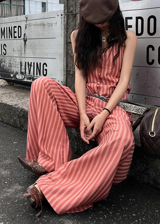 Stylish Orange V Neck Striped Cotton Spaghetti Strap Jumpsuit Summer