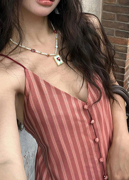 Stylish Orange V Neck Striped Cotton Spaghetti Strap Jumpsuit Summer